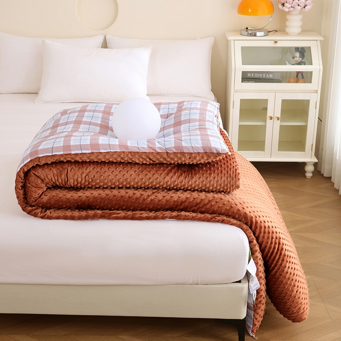 91家纺网 家纺一手货源 找家纺 爱宝被业 2025新款水洗棉双层纱豆豆绒被 露西-浅咖