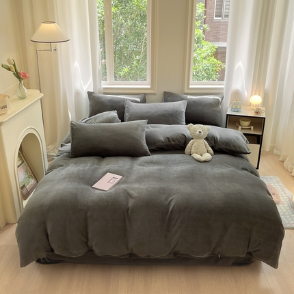 慕澄家纺 2024新款纯色双拼牛奶绒四件套 墨灰