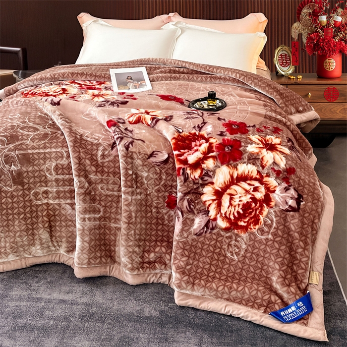 91家纺网 家纺一手货源 找家纺 凯轩毛毛毯毯子网销专供 2024新款花开盛世5D婚庆云毛毯毯子 花开盛世-驼色