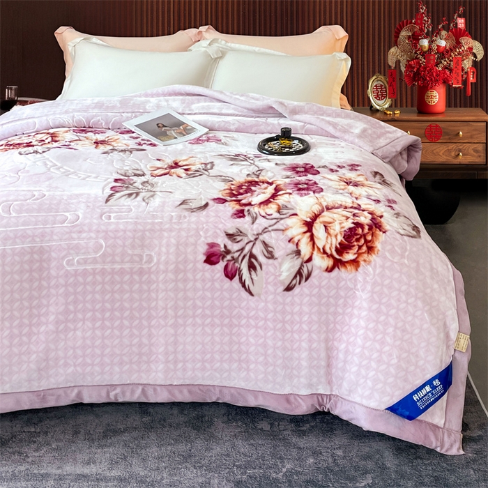 91家纺网 家纺一手货源 找家纺 凯轩毛毛毯毯子网销专供 2024新款花开盛世5D婚庆云毛毯毯子 花开盛世-浅紫