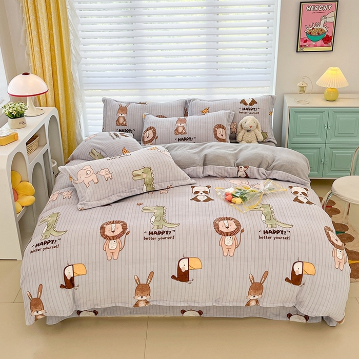 91家纺网 家纺一手货源 找家纺 简如 2025新款加厚220克牛奶绒印花四件套 呆萌小布点-灰