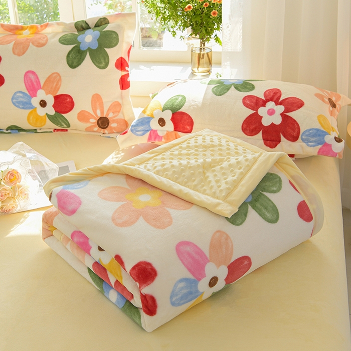 91家纺网 家纺一手货源 找家纺 圣楚家纺 2024新款豆豆绒三层毛毯毯子 花花世界