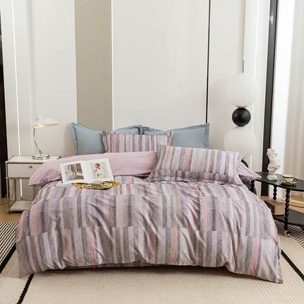 91家纺网 家纺一手货源 找家纺 新月家纺（锦威郎） 2024新款全棉加厚长绒棉数码印花四件套系列 条纹序曲-灰