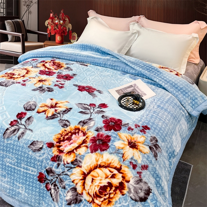 91家纺网 家纺一手货源 找家纺 凯轩毛毛毯毯子网销专供 2024新款花开盛世5D婚庆云毛毯毯子 花开盛世-浅蓝