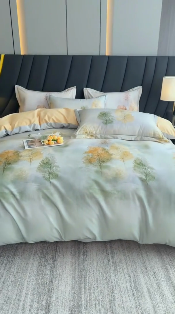 91家纺网 家纺一手货源 找家纺 新月家纺（锦威郎） 2024新款全棉加厚长绒棉数码印花四件套系列 榕树森林-绿