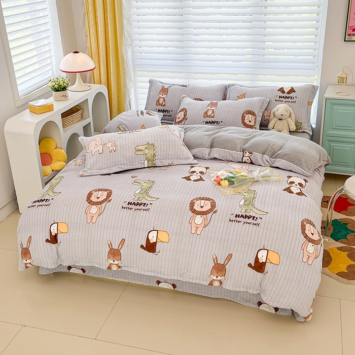 91家纺网 家纺一手货源 找家纺 简如 2025新款加厚220克牛奶绒印花四件套 呆萌小布点-灰