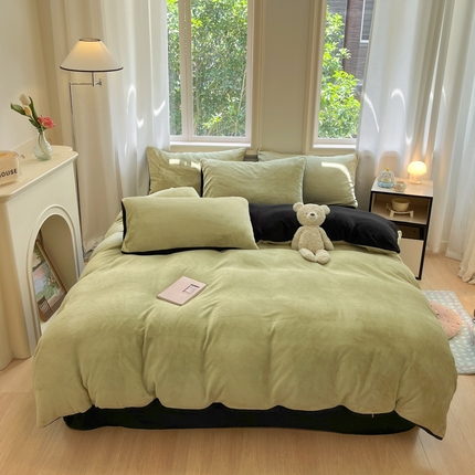 慕澄家纺 2024新款纯色双拼牛奶绒四件套 芥末绿+黑