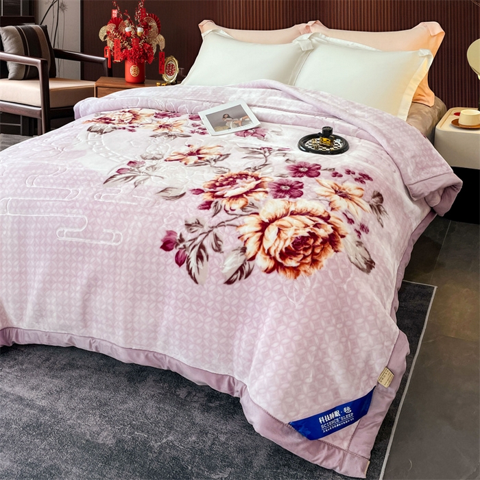 91家纺网 家纺一手货源 找家纺 凯轩毛毛毯毯子网销专供 2024新款花开盛世5D婚庆云毛毯毯子 花开盛世-浅紫