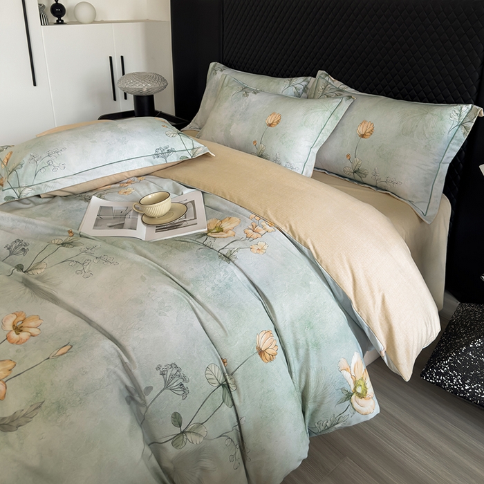 91家纺网 家纺一手货源 找家纺 新月家纺（锦威郎） 2024新款全棉加厚长绒棉数码印花四件套系列 奥莉花园-绿