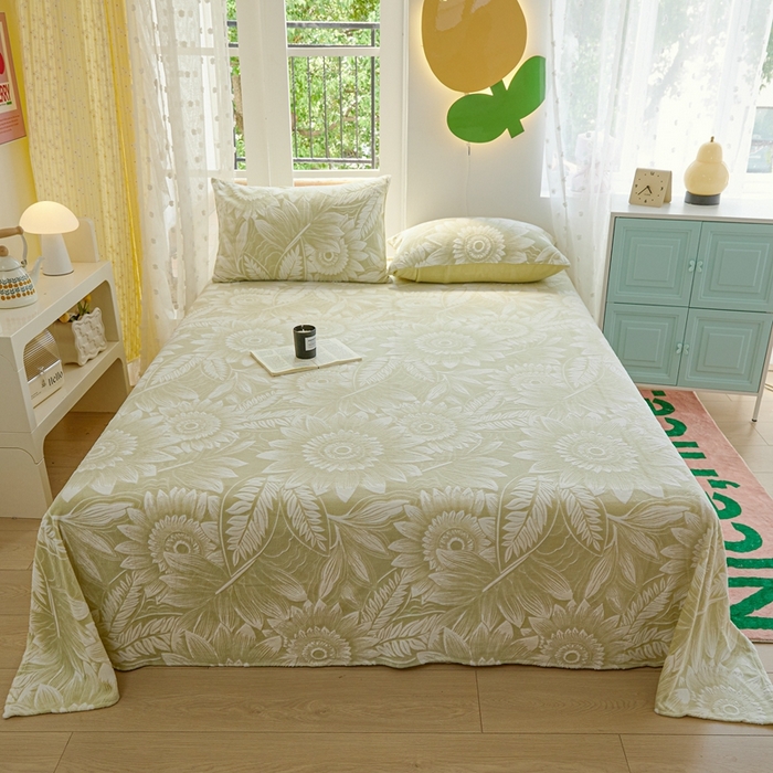 91家纺网 家纺一手货源 找家纺 菡宝 2024新款雕花绒230g全消光牛奶绒四件套及单品 - 单床单 花开向阳茶绿
