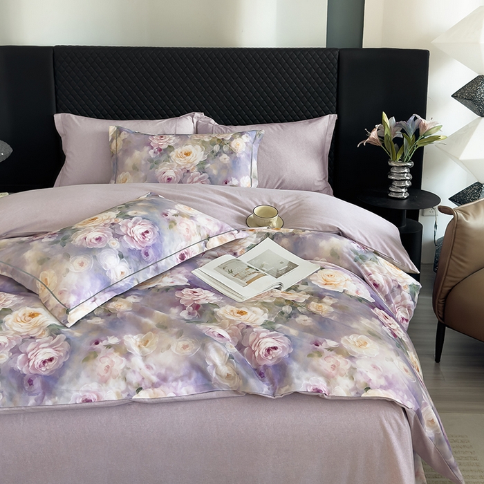 91家纺网 家纺一手货源 找家纺 新月家纺（锦威郎） 2024新款全棉加厚长绒棉数码印花四件套系列 寻觅芳香-紫