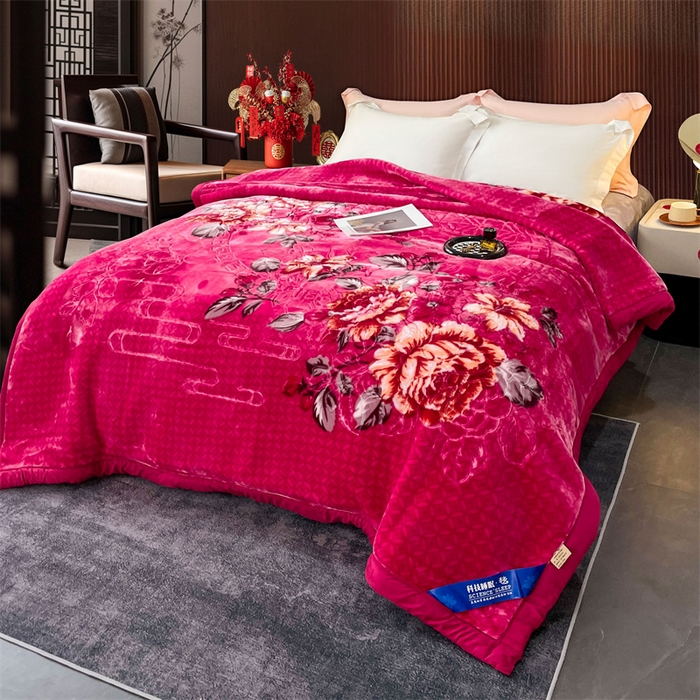 91家纺网 家纺一手货源 找家纺 凯轩毛毛毯毯子网销专供 2024新款花开盛世5D婚庆云毛毯毯子 花开盛世-玫红