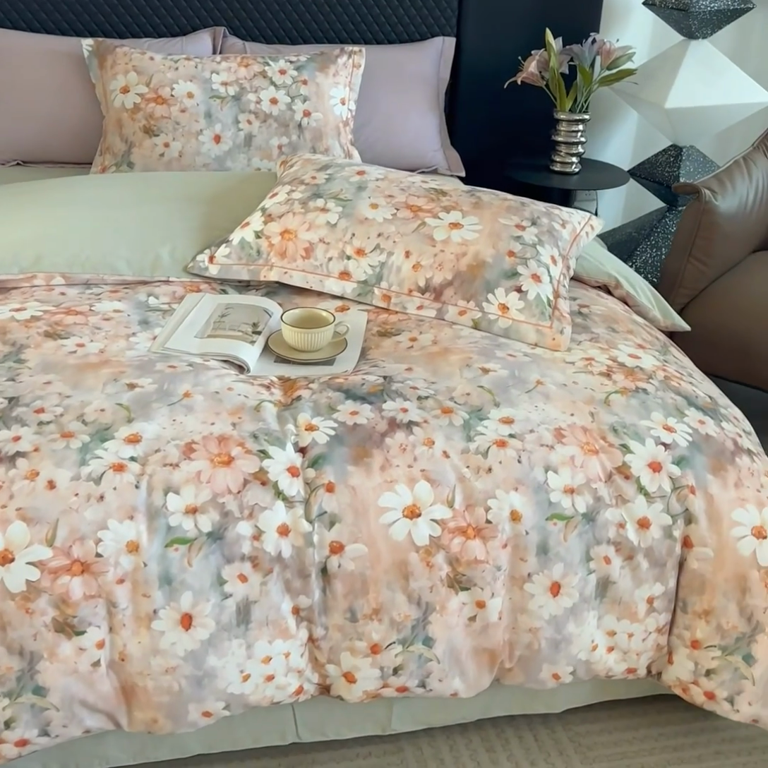 91家纺网 家纺一手货源 找家纺 新月家纺（锦威郎） 2024新款全棉加厚长绒棉数码印花四件套系列 恋薇时节-粉