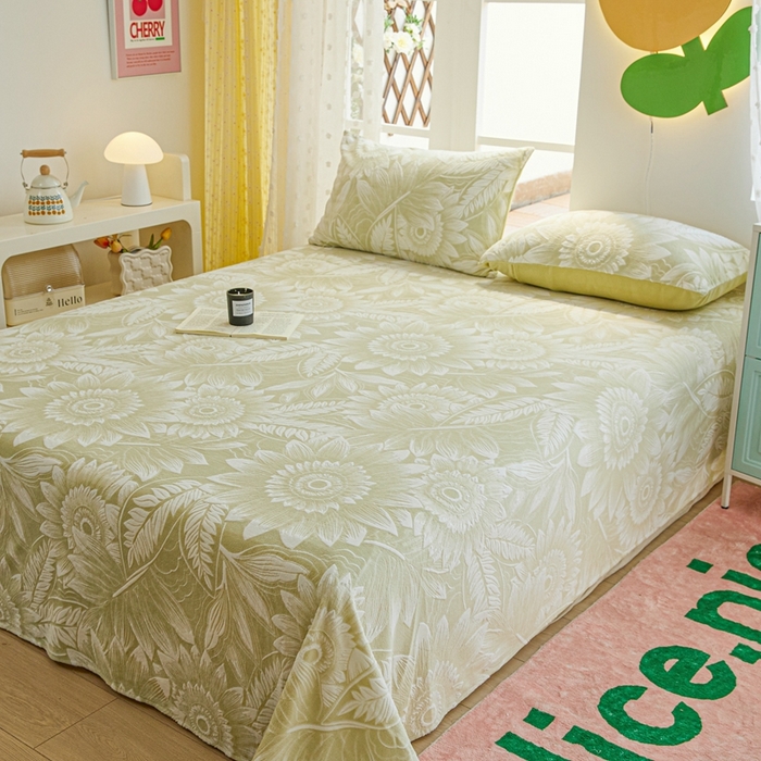 91家纺网 家纺一手货源 找家纺 菡宝 2024新款雕花绒230g全消光牛奶绒四件套及单品 - 单床单 花开向阳茶绿