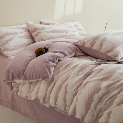 菡宝 2024新款雕花绒230g全消光牛奶绒四件套-行云流水 行云流水-豆紫