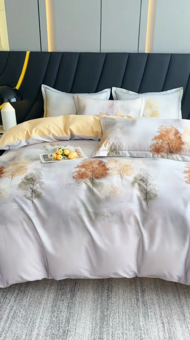 91家纺网 家纺一手货源 找家纺 新月家纺（锦威郎） 2024新款全棉加厚长绒棉数码印花四件套系列 榕树森林-灰