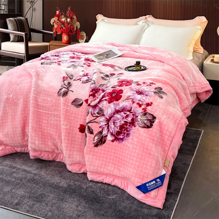 91家纺网 家纺一手货源 找家纺 凯轩毛毛毯毯子网销专供 2024新款花开盛世5D婚庆云毛毯毯子 花开盛世-粉色