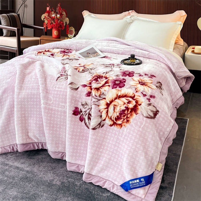 91家纺网 家纺一手货源 找家纺 凯轩毛毛毯毯子网销专供 2024新款花开盛世5D婚庆云毛毯毯子 花开盛世-浅紫