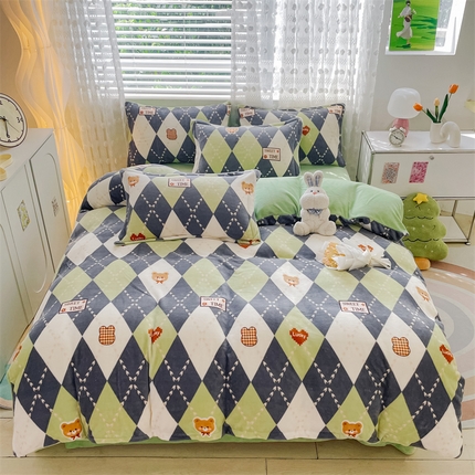 奥虎家纺2024新款加厚牛奶绒印花四件套方格小熊