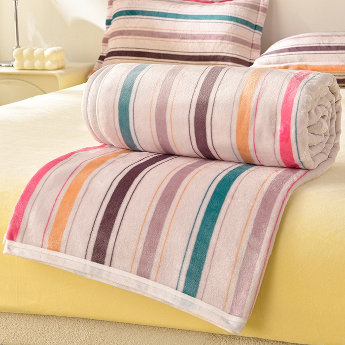 91家纺网 家纺一手货源 找家纺 圣楚 2024新款300g加厚保暖云貂绒双面毯子办公室午睡毛毯直播 彩条