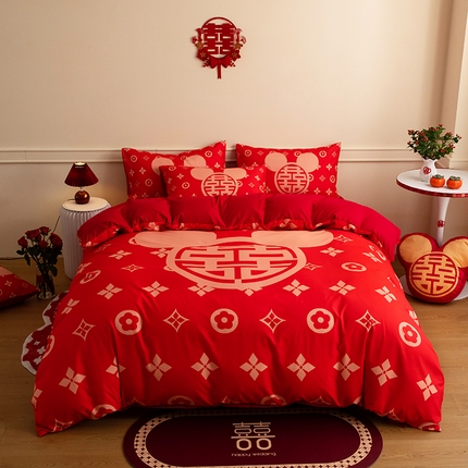 91家纺网 家纺一手货源 找家纺 （总）色鬼布艺 2024新款水洗磨毛数码印花婚庆四件套磨毛四件套