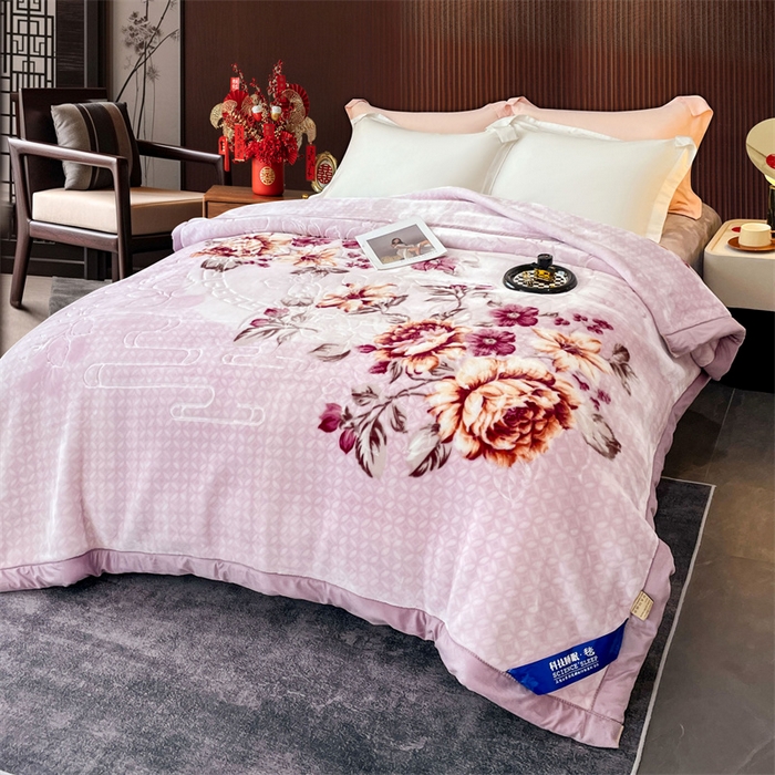 91家纺网 家纺一手货源 找家纺 凯轩毛毛毯毯子网销专供 2024新款花开盛世5D婚庆云毛毯毯子 花开盛世-浅紫