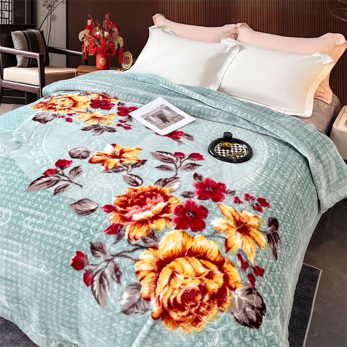 91家纺网 家纺一手货源 找家纺 凯轩毛毛毯毯子网销专供 2024新款花开盛世5D婚庆云毛毯毯子 花开盛世-浅绿