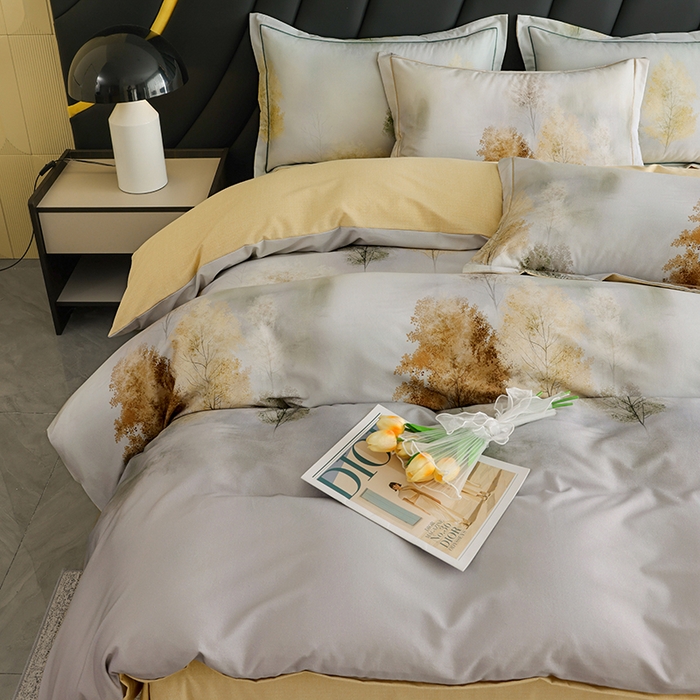 91家纺网 家纺一手货源 找家纺 新月家纺（锦威郎） 2024新款全棉加厚长绒棉数码印花四件套系列 榕树森林-灰