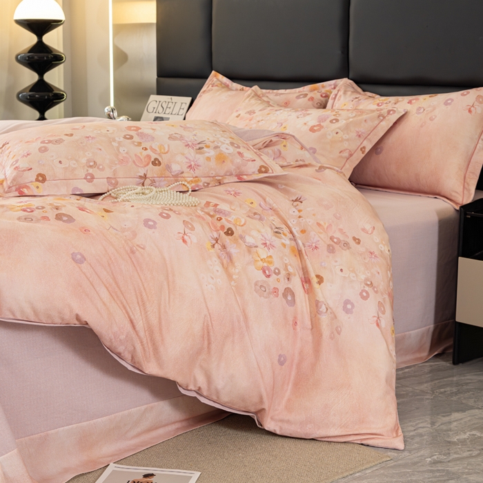 91家纺网 家纺一手货源 找家纺 新月家纺（锦威郎） 2024新款全棉加厚长绒棉数码印花四件套系列 花语寄情-粉