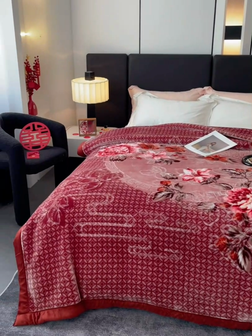 91家纺网 家纺一手货源 找家纺 凯轩毛毛毯毯子网销专供 2024新款花开盛世5D婚庆云毛毯毯子 花开盛世-酒红