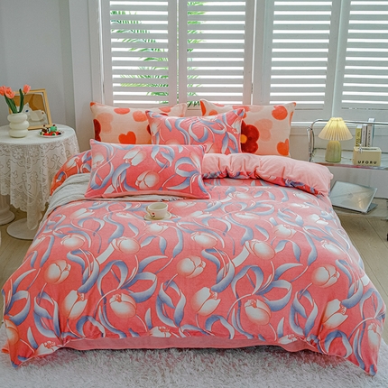 奥虎家纺2024新款加厚牛奶绒印花四件套郁金香