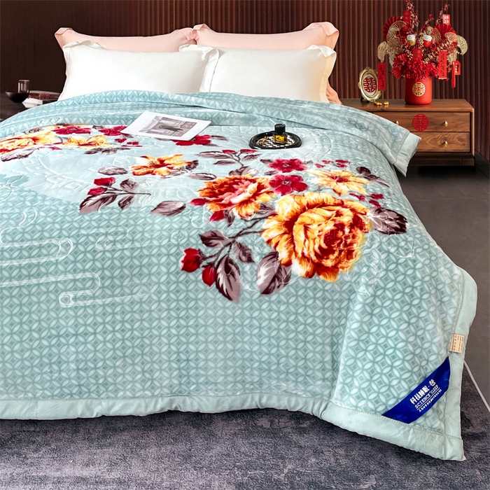 91家纺网 家纺一手货源 找家纺 凯轩毛毛毯毯子网销专供 2024新款花开盛世5D婚庆云毛毯毯子 花开盛世-浅绿