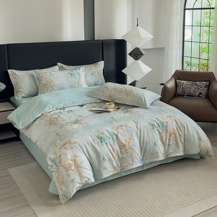 91家纺网 家纺一手货源 找家纺 新月家纺（锦威郎） 2024新款全棉加厚长绒棉数码印花四件套系列 茉彩花韵-绿