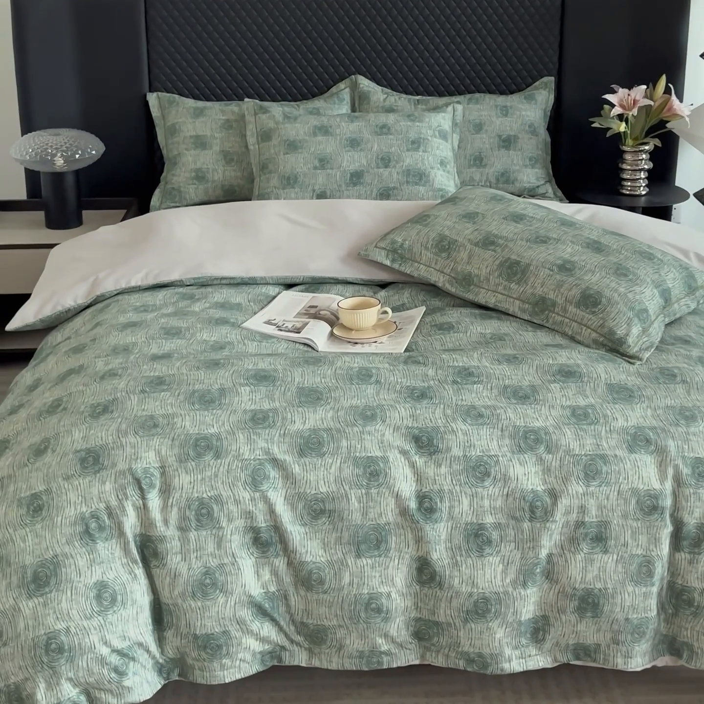 91家纺网 家纺一手货源 找家纺 新月家纺（锦威郎） 2024新款全棉加厚长绒棉数码印花四件套系列 菲尔顿-绿