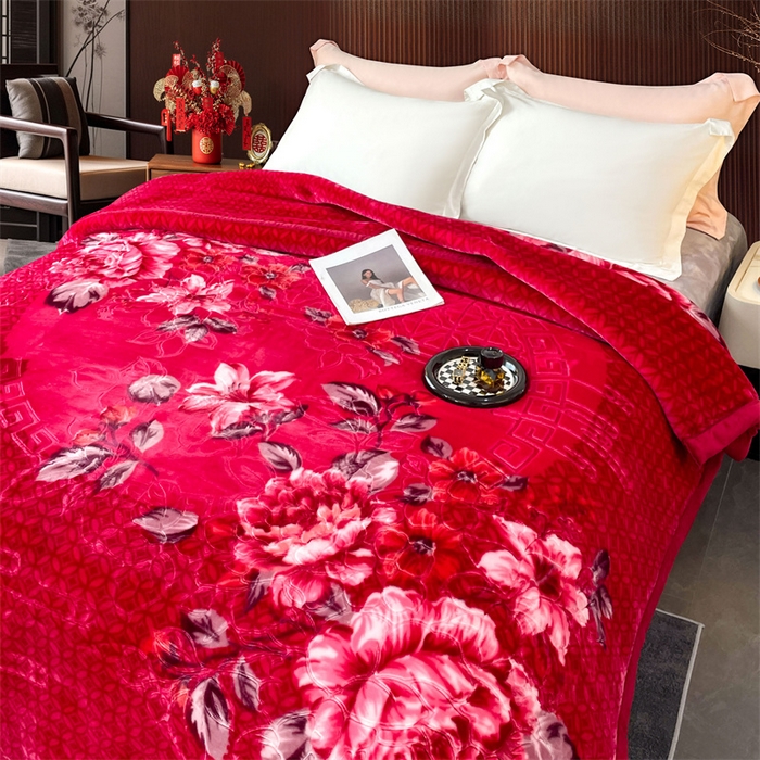 91家纺网 家纺一手货源 找家纺 凯轩毛毛毯毯子网销专供 2024新款花开盛世5D婚庆云毛毯毯子 花开盛世-大红