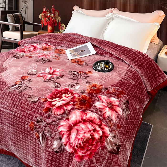 91家纺网 家纺一手货源 找家纺 凯轩毛毛毯毯子网销专供 2024新款花开盛世5D婚庆云毛毯毯子 花开盛世-酒红