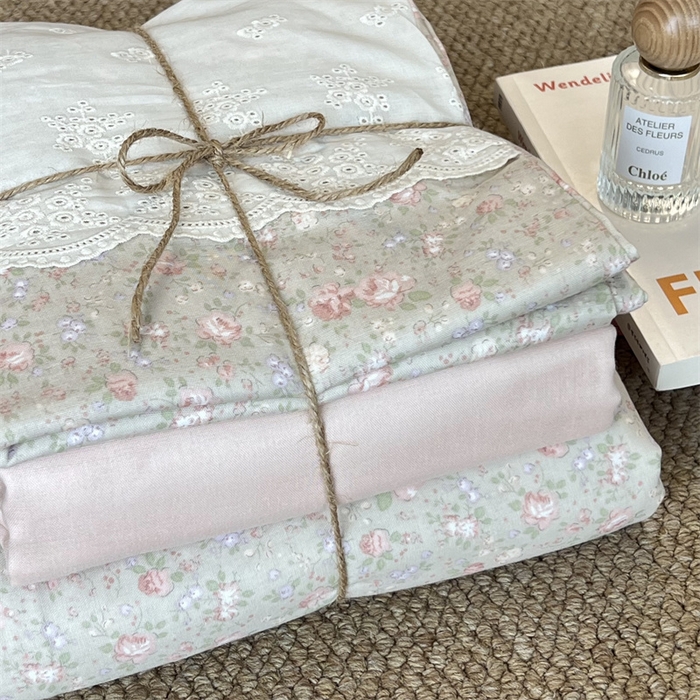 91家纺网 家纺一手货源 找家纺 2024新款全棉印花双层纱四件套--蕾丝花边款 尽染-绿