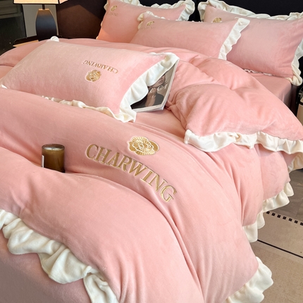 耀达家居 2024新款高克重韩版纯色绣花刺绣牛奶绒四件套 山茶暖粉
