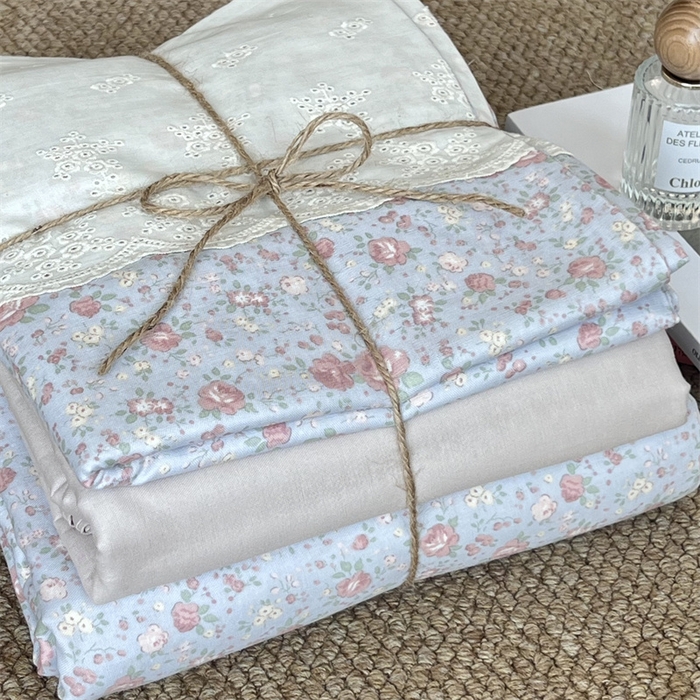 91家纺网 家纺一手货源 找家纺 2024新款全棉印花双层纱四件套--蕾丝花边款 尽染