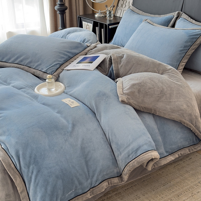 91家纺网 家纺一手货源 找家纺 欧邦 新款纯色牛奶绒单被套夹棉床盖三件套四件套 蔚蓝+浅灰