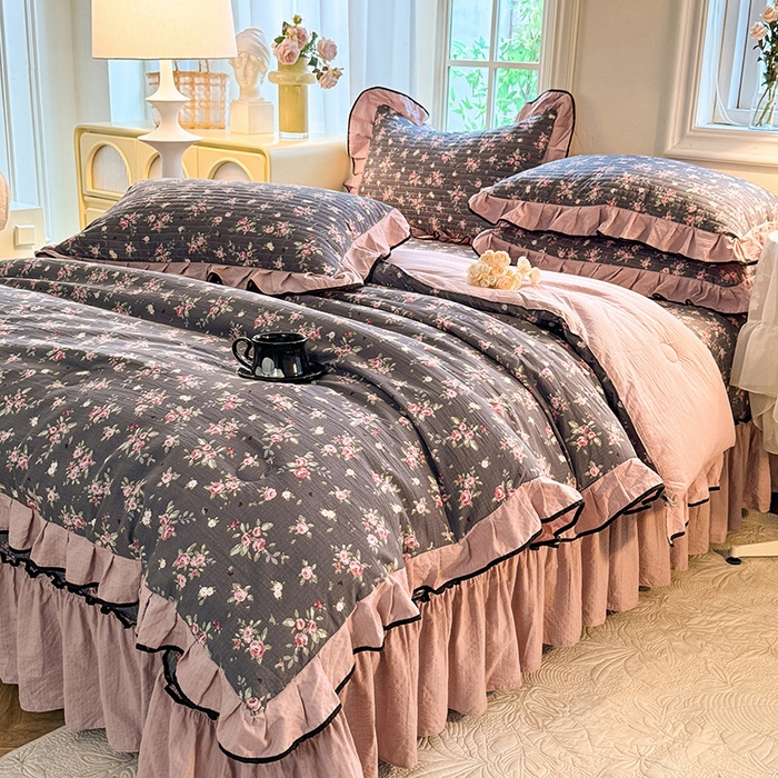 91家纺网 家纺一手货源 找家纺 韩约家纺 2025新款1针织棉皱皱纱床盖款夏凉被春秋被冬被四件套 1幽香