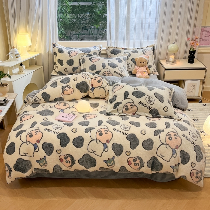 91家纺网 家纺一手货源 找家纺 贝扬思家纺 2024新款加厚雪花绒印花四件套 单纯小新