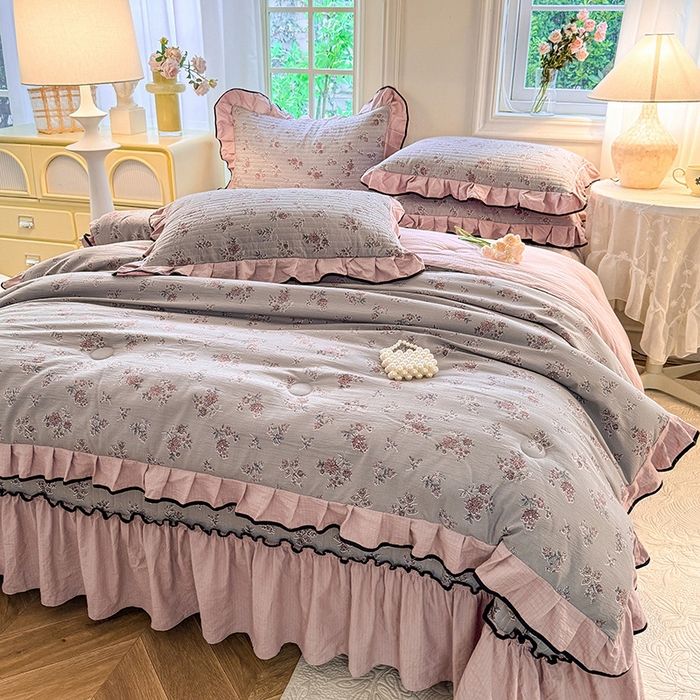 91家纺网 家纺一手货源 找家纺 韩约家纺 2025新款1针织棉皱皱纱床盖款夏凉被春秋被冬被四件套 沉香