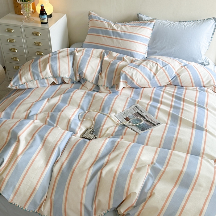 91家纺网 家纺一手货源 找家纺 艾莱家纺 2024新款七彩贝壳系列100S全棉柔顺加厚磨毛四件套 幻珊-蓝宽条