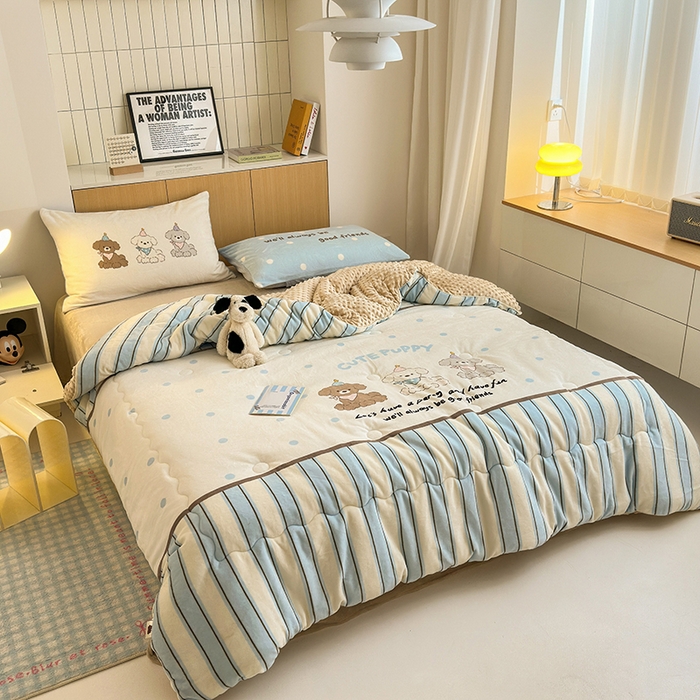 91家纺网 家纺一手货源 找家纺 2024新款卡通大版高克重牛奶绒豆豆被四件套 快乐汪