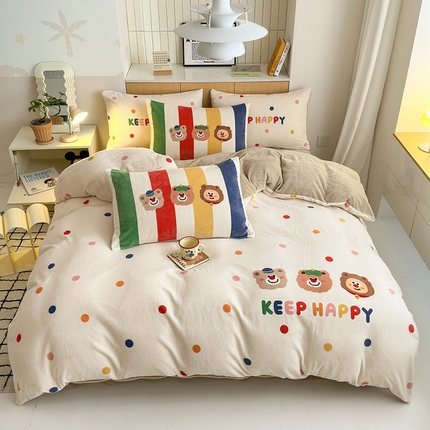 2024新款大版卡通双面高克重牛奶绒床单款四件套 三只熊