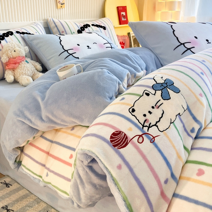 91家纺网 家纺一手货源 找家纺 呗旺鹿 2024新款高克重卡通印花牛奶绒四件套毛巾绣牛奶绒四件套 毛线贝丽