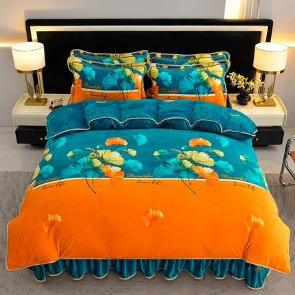 2025新款牛奶绒印花床裙四件套系列-四件套 银杏叶