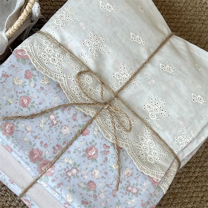 91家纺网 家纺一手货源 找家纺 2024新款全棉印花双层纱四件套--蕾丝花边款 尽染