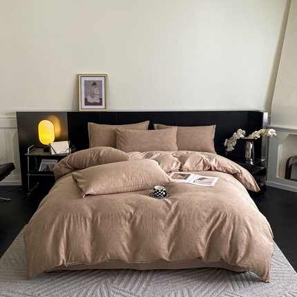 91家纺网 家纺一手货源 找家纺 凯罗 2024新款全棉60S提花全棉四件套简约提花四件套  高品类全棉提花四件套 繁叶--奶咖色